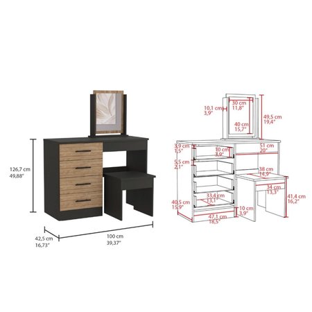 Tuhome Kaia Makeup Dressing Table, Four Drawers, One Mirror, Stool, Black/Pine TWM7908